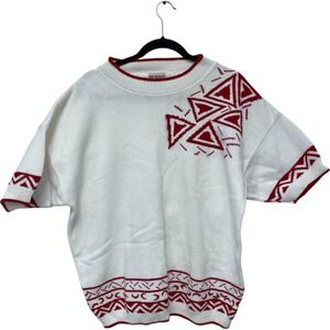 Knit‎ Makers Womens Sweater 1X Plus White Geometric Short Sleeve Knit Cotton Vtg